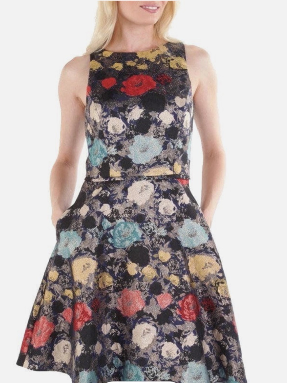 Tahari Cold Shoulder Floral Fit & Flare Metallic Jacquard dress 8 chic,cocktail - Picture 6 of 16